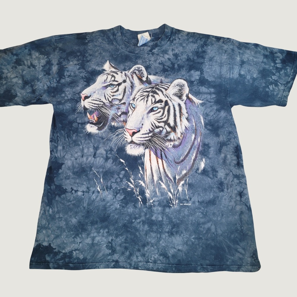 Habitat White Tiger Graphic T-Shirt Mens XL Blue Tie Dye Nature Animal Print Tee